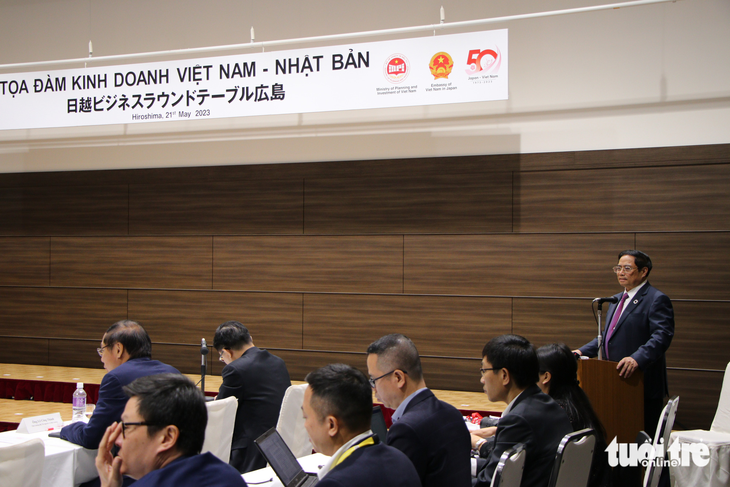 Thủ tướng Phạm Minh Chính phát biểu tại tọa đàm doanh nghiệp Việt Nam - Nhật Bản - Ảnh: DUY LINH