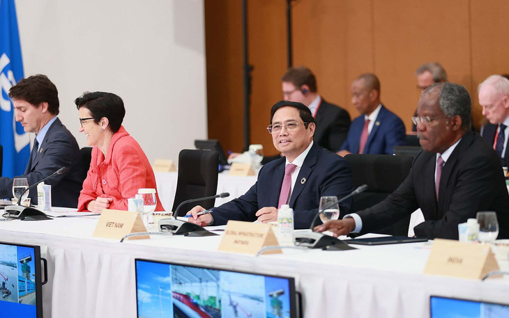 Thủ tướng Phạm Minh Chính phát biểu trong phiên họp của Hội nghị thượng đỉnh G7 mở rộng vào ngày 20-5  - Ảnh: DƯƠNG GIANG