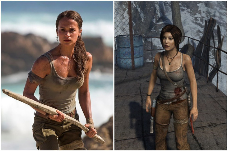 Alicia Vikander trong vai Lara (Tomb Raider, 2018) và bản game năm 2013. Ảnh: Metro -Goldwyn-Mayer, Square Enix