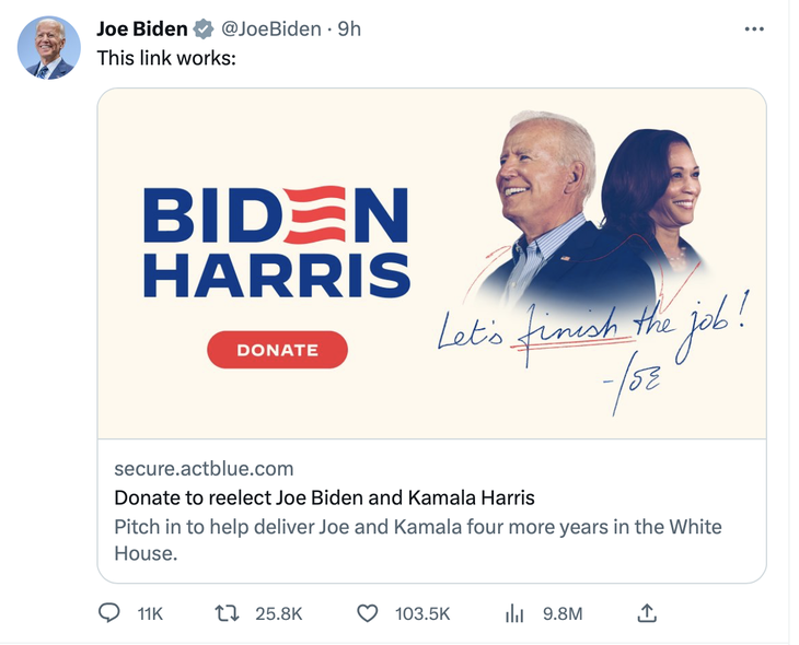 Tổng thống Mỹ Joe Biden viết mô tả chế giễu ông DeSantis: "This link works (Đường link này hoạt động đây)" - Ảnh: TWITTER