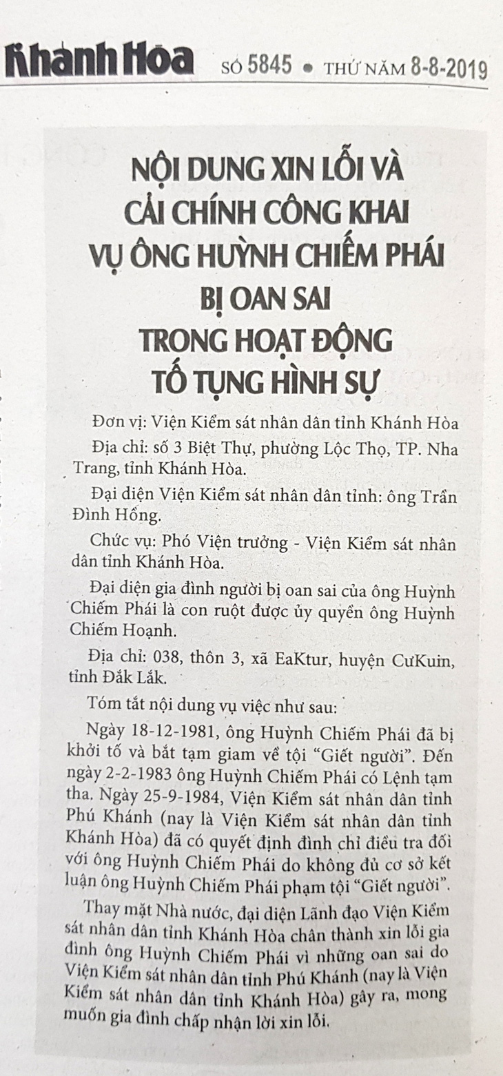 Viện KSND tỉnh Khánh Hòa đăng tin xin lỗi công khai người bị oan Huỳnh Chiếm Phái vào năm 2019 - Ảnh: DUY THANH chụp lại