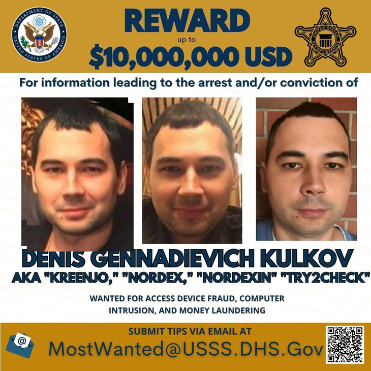 Thông báo truy nã Denis Gennadievich Kulkov của Mỹ - Ảnh: Bộ Ngoại giao Mỹ