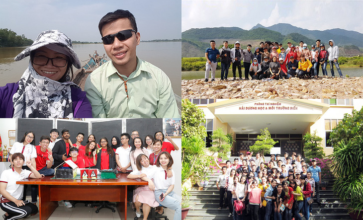 TS. Nguyễn Thị Minh Phương (bên trái ảnh trên) khảo sát trên sông Thu Bồn và các hoạt động thực tế của sinh viên ngành Môi trường