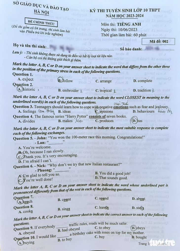 Đề thi, gợi ý bài giải môn tiếng Anh kỳ thi lớp 10 Hà Nội - Ảnh 6.