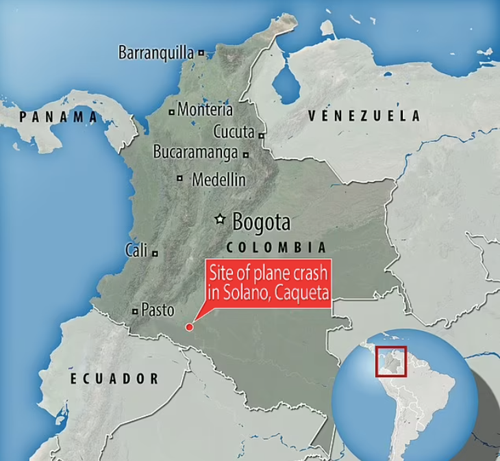 Vị trí máy bay rơi hôm 1-5 ở Colombia - Ảnh: Chụp màn hình Daily Mail
