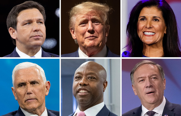 Từ trái xang, từ trên xuống: DeSantis, Trump, Haley, Pence, Scott và Pompeo. Ảnh: Boston Globe