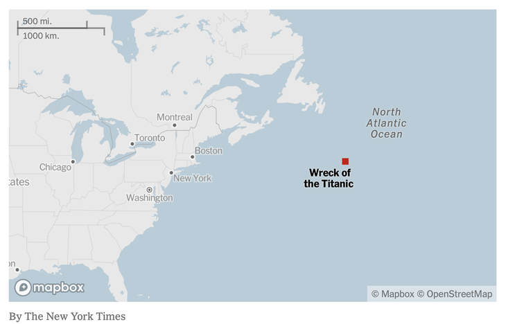 Khu vực xác tàu Titanic, cũng là đích đến dự kiến của chiếc tàu lặn mất tích - Nguồn: New York Times