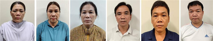 Các bị can Nguyễn Thị Hóa, Nguyễn Thị Gái (từ trái qua) cùng một số bị can bị khởi tố - Ảnh: Bộ CA