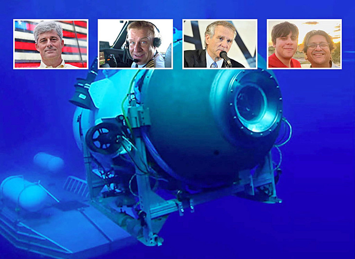 Chiếc tàu lặn Titan và năm người có mặt trên tàu (ông Rush ngoài cùng bên trái) - Ảnh: The Independent/Reuters, OceanGate