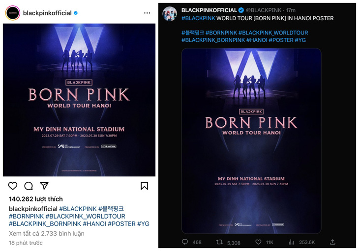 BLACKPINK đã công bố thông tin về 2 đêm diễn tại Mỹ Đình trên các nền tảng mạng xã hội - Ảnh: Chụp màn hình
