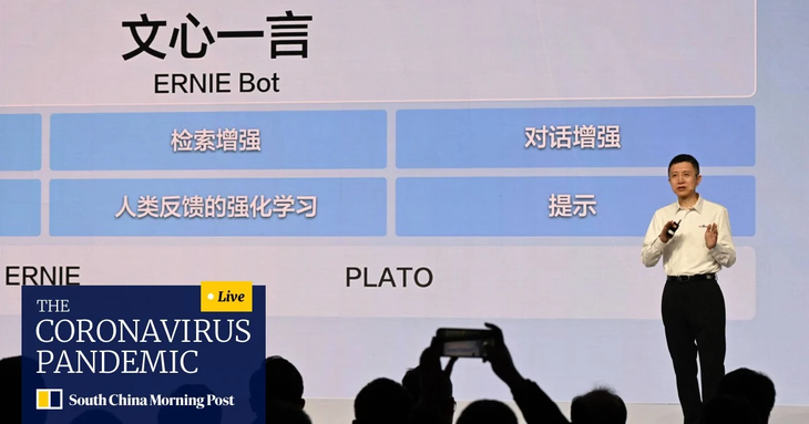 Haifeng Wang, giám đốc công nghệ của Baidu, phát biểu tại buổi ra mắt chatbot AI của Baidu Ernie Bot tại Bắc Kinh, ngày 16 tháng 3 năm 2023. Ảnh: AFP
