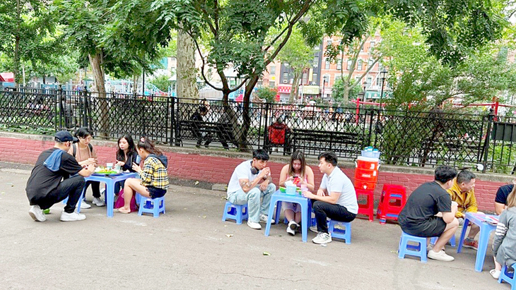 Thực khách đang ngồi bên hàng rào công viên Sara D. Roosevelt. Cảnh người Hà Nội đang ăn bún đậu mắm tôm trên... vỉa hè Manhattan? - Ảnh: D.TRƯỜNG