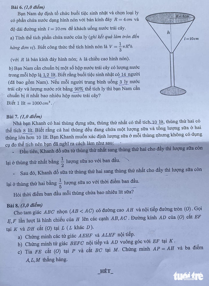 Đề toán kỳ thi lớp 10 TP.HCM - Ảnh: NGỌC PHƯỢNG