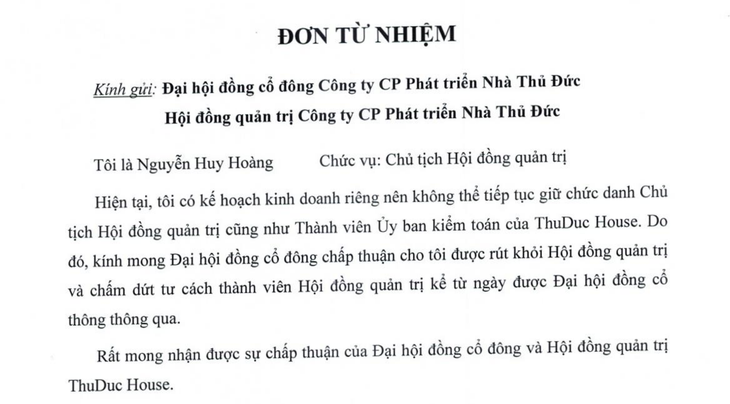 Chủ tịch Thuduc House nộp đơn từ nhiệm - Ảnh 1.