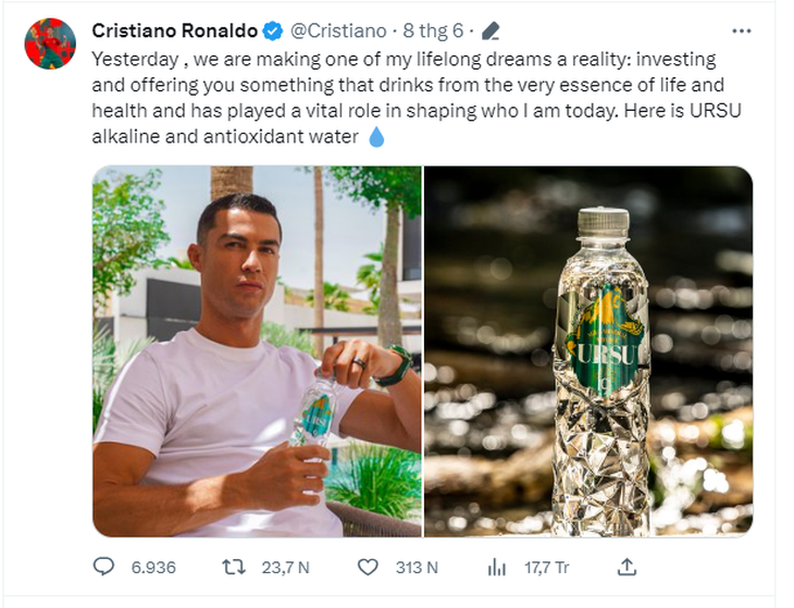 Dòng trạng thái của Ronaldo quảng cáo thương hiệu nước khoáng do anh làm chủ sở hữu - Ảnh chụp màn hình