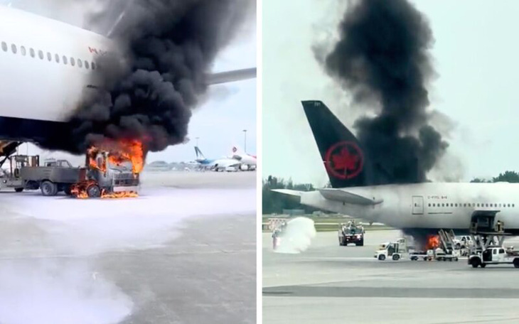 Máy bay của Air Canada bị cháy sém ở sân bay quốc tế Montreal-Trudeau - Ảnh: TWITTER