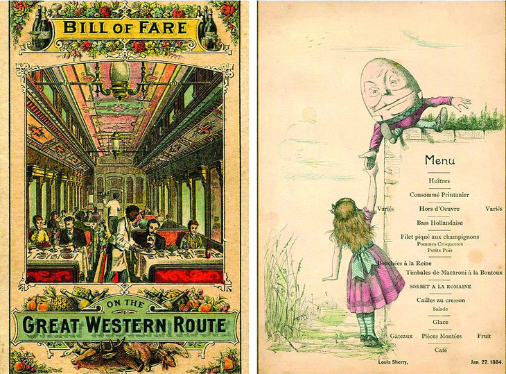 Trang bìa và trang nội dung của thực đơn mạ vàng gáy bên phải do hãng xe lửa Great Western Railway (GWR) phục vụ khách trên tàu năm 1884. Trang Artnet News cho biết menu đồ uống của GWR có hơn 30 loại rượu sâm banh, rượu vang và bia khác nhau. Ảnh: Henry Voigt