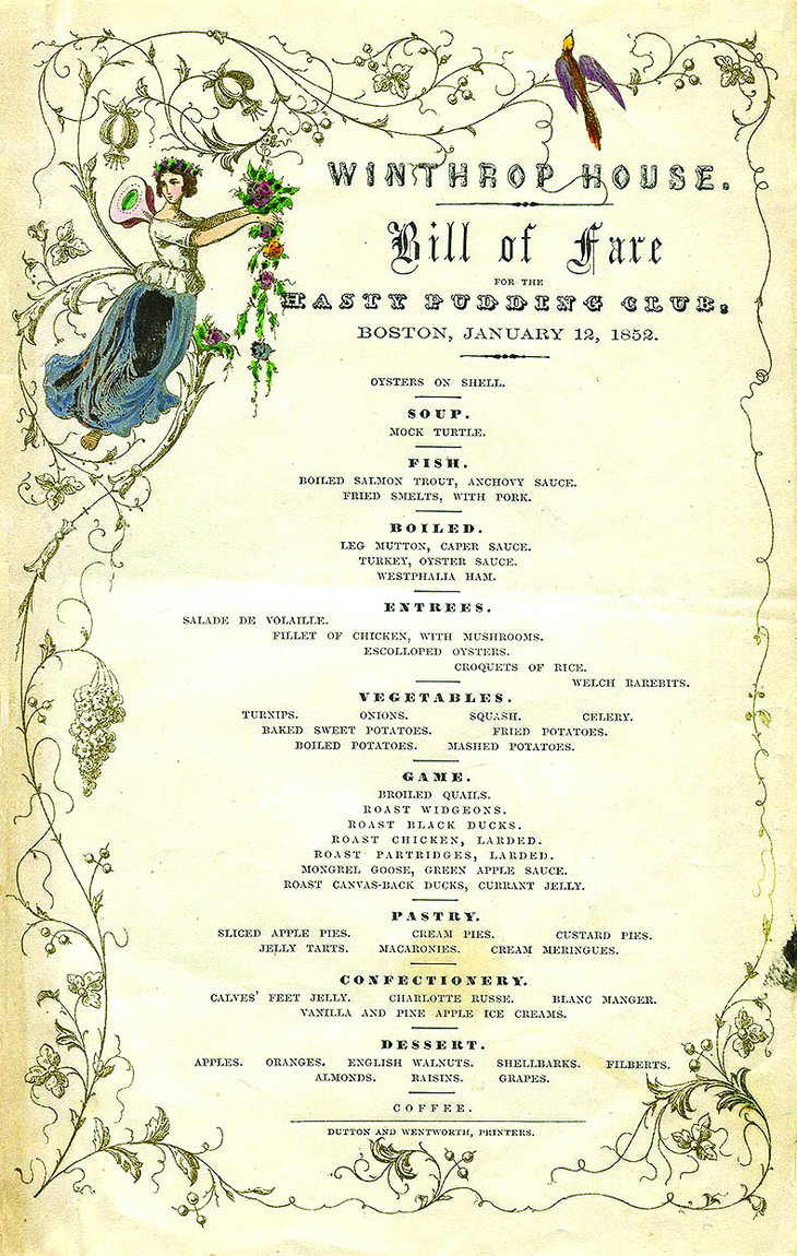 Một trang menu năm 1852 toàn là thịt động vật săn bắt của nhà hàng Winthrop House bên trong khách sạn American ở thành phố Boston, bang Massachusetts, Mỹ.  Ảnh: Henry Voigt