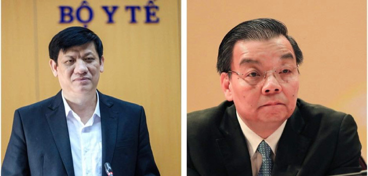 Cựu bộ trưởng Nguyễn Thanh Long (trái) và cựu bộ trưởng Chu Ngọc Anh bị đưa ra xét xử trong vụ Việt Á - Ảnh: NAM TRẦN