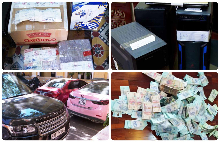 Nhiều xe sang, tiền mặt cùng các tang vật khác trong vụ án bị niêm phong, thu giữ - Ảnh: Công an tỉnh Thái Bình