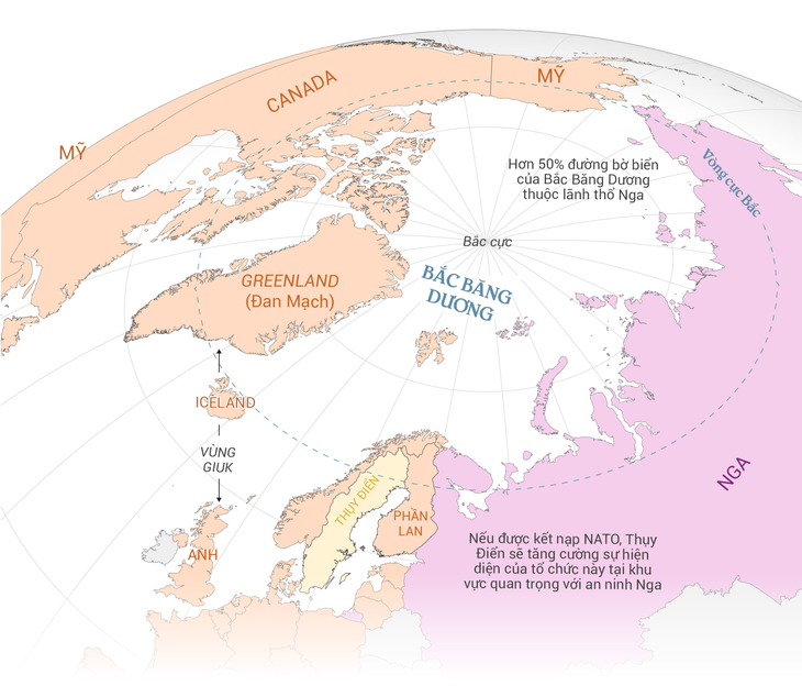 Bản đồ khu vực cực Bắc Trái đất, trong đó cho thấy Nga sở hữu hơn nửa đường bờ biển của Bắc Băng Dương - Đồ họa: WASHINGTON POST/NGỌC ĐỨC chuyển ngữ