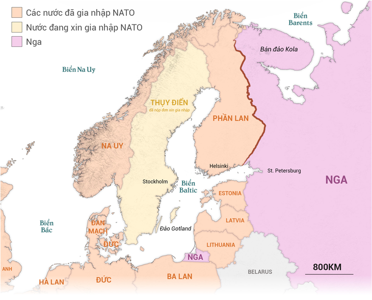 Với việc Phần Lan gia nhập NATO, đường biên giới trên bộ của khối này với Nga đã tăng gấp đôi - Đồ họa: WASHINGTON POST/NGỌC ĐỨC chuyển ngữ