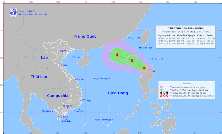 Vị trí và hướng di chuyển áp thấp nhiệt đới lúc 13h chiều 14-7 - Ảnh: NCHMF