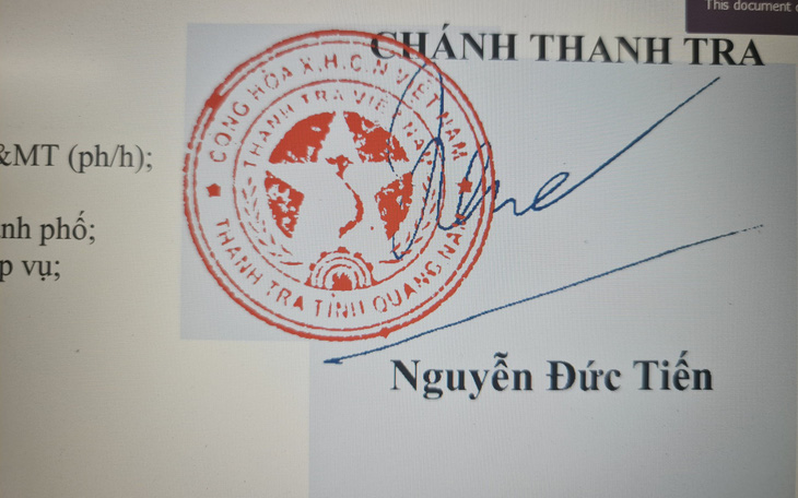 Một văn bản của Thanh tra tỉnh Quảng Nam, con dấu thiếu ký hiệu quần đảo Hoàng Sa bên bản đồ Việt Nam - Ảnh: K.A