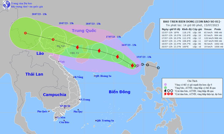 Vị trí và hướng di chuyển bão số 1 - Ảnh: NCHMF