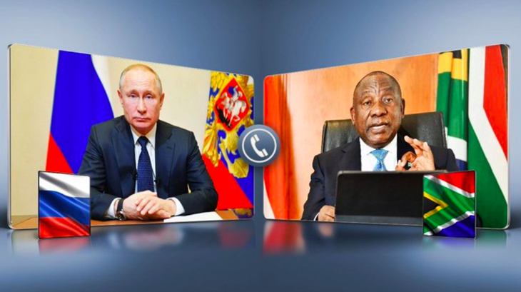 Tổng thống Nga Vladimir Putin (bên trái) và Tổng thống Nam Phi Cyril Ramaphosa - Ảnh: CGTN/Twitter của Tổng thống Nam Phi