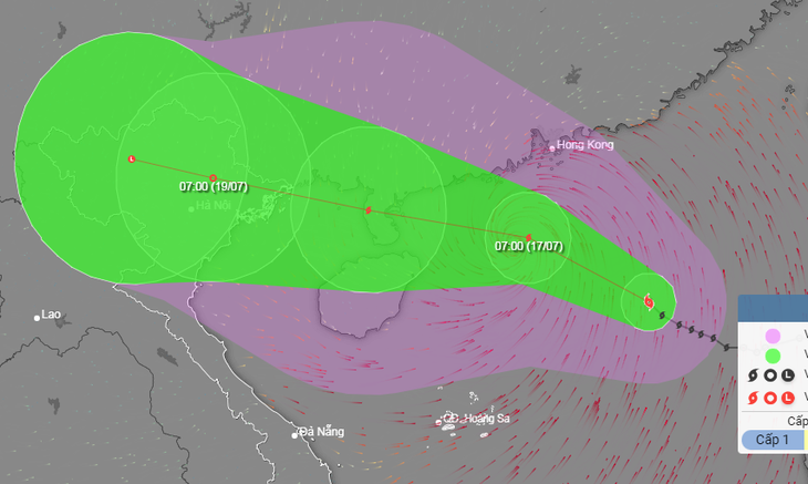 Vị trí và hướng di chuyển của bão số 1 lúc 7h sáng 16-7 - Ảnh: NCHMF