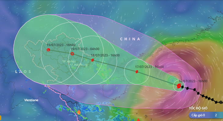 Vị trí và hướng di chuyển bão số 1 lúc 16h chiều 16-7 - Ảnh: VNDMS