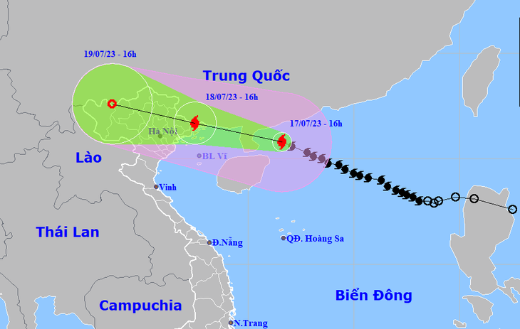 Vị trí và hướng di chuyển bão số 1 lúc 16h chiều 17-7 - Ảnh: NCHMF