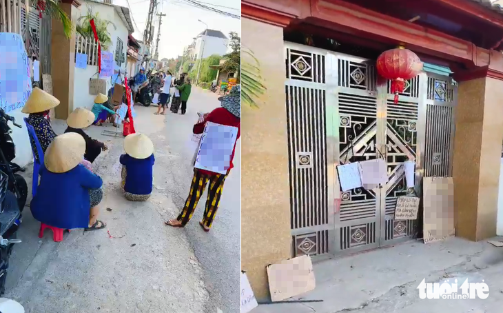 Người dân mang loa kéo mở nhạc đám tang, treo băng rôn để đòi tiền hụi ở huyện Yên Thành, Nghệ An - Ảnh: N.THẮNG