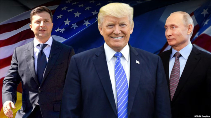 Ảnh ghép cho thấy Tổng thống Ukraine Volodymyr Zelensky (bìa trái), cựu tổng thống Mỹ Donald Trump (giữa) và Tổng thống Nga Vladimir Putin - Ảnh: RFE/RL