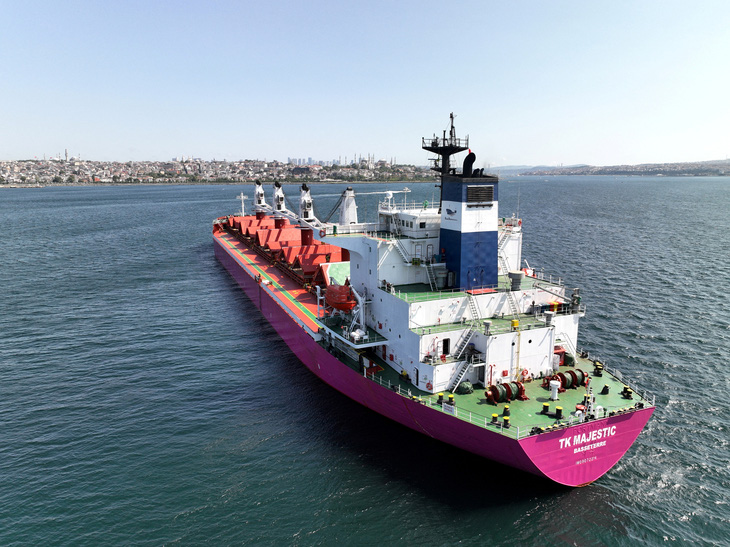 Một con tàu chở ngũ cốc theo thỏa thuận Biển Đen thả neo ở eo biển Bosphorus, Istanbul (Thổ Nhĩ Kỳ) ngày 15-7 - Ảnh: REUTERS 