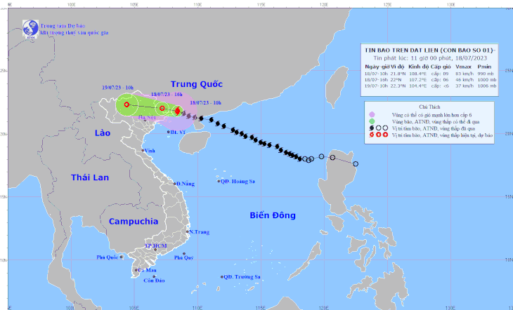 Vị trí và hướng di chuyển bão lúc 10h sáng 18-7 - Ảnh: NCHMF