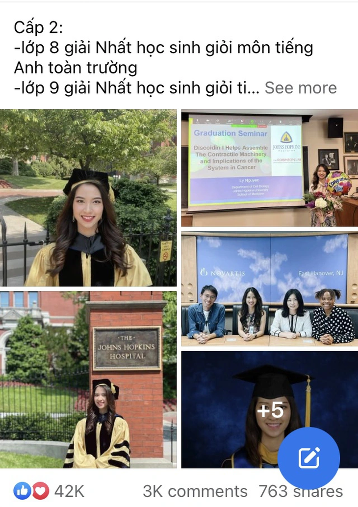 Nữ tiến sĩ y sinh xinh đẹp, giỏi giang của ngôi trường danh tiếng Johns Hopkins (Hoa Kỳ) Nguyễn Sao Ly khiến cộng đồng mạng vừa ngưỡng mộ, vừa thích thú với màn flex đầy ấn tượng về nỗ lực của bản thân - Ảnh: CTMH