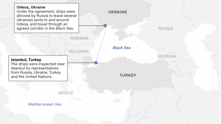 Hành lang ngũ cốc đi từ các cảng do Ukraine kiểm soát tới Istanbul của Thổ Nhĩ Kỳ trên Biển Đen - Ảnh: CNN