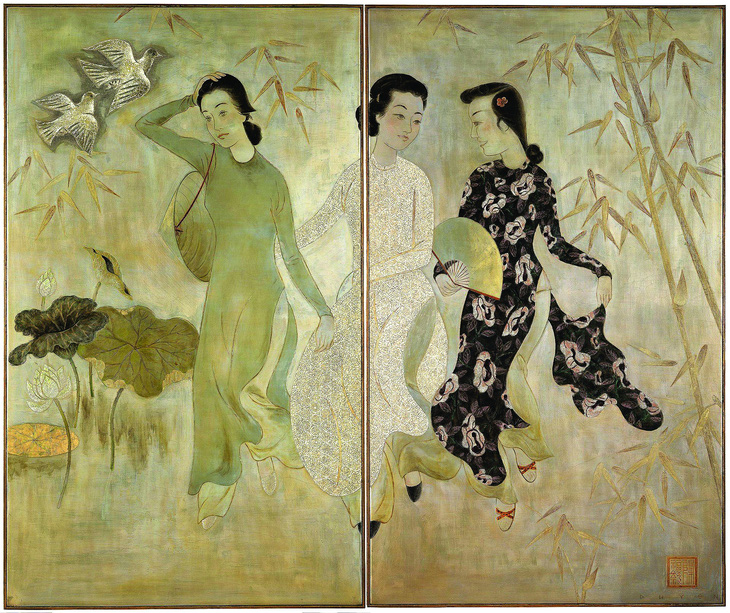 Tác phẩm &quot;Hòa Ân 3&quot; (sơn mài hai tấm, 112 x 134cm) vẽ năm 1951. Ông đặt tên tiếng Pháp cho bức tranh là “Paix” (hòa bình), gửi gắm trong hình tượng hai chú chim bồ câu bay lên trên góc trái của bức tranh. Ba thiếu nữ trong tranh là hình ảnh đại diện cho ba miền Bắc - Trung - Nam của Việt Nam lúc này đang bị chia cắt vì chiến tranh loạn lạc.