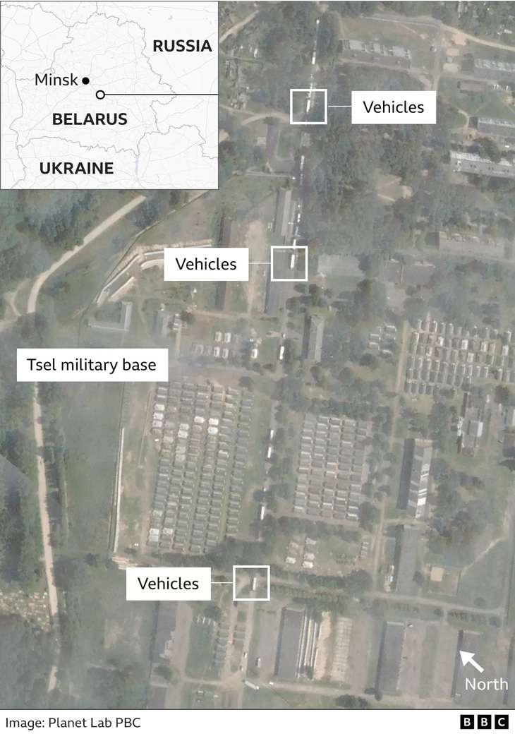 Vị trí của căn cứ quân sự Tsel (Tsel military base) ở Belarus và cảnh các xe (vehicles) chở quân Wagner - Ảnh: BBC/PLANET LABS