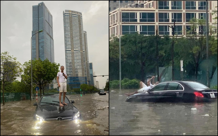 Những bức ảnh từng xôn xao mạng xã hội khi chủ xe nằm selfie trên chiếc Mercedes-Benz trôi nổi giữa đường ngập ở Cầu Giấy, Hà Nội. Anh cho biết mình trèo lên xe để cứu hộ dễ nhận ra hơn - Ảnh: Facebook