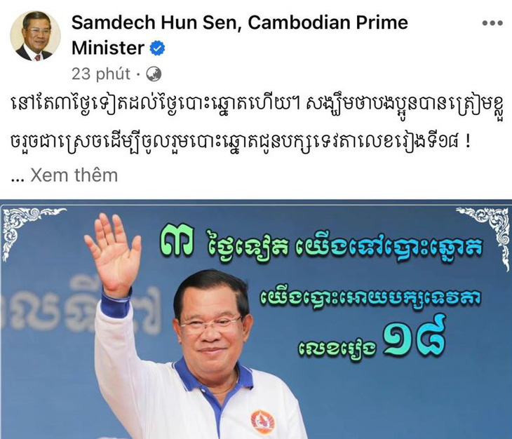 Bài viết mới đăng trên trang Facebook của Thủ tướng Campuchia Hun Sen ngày 20-7. Bài viết có nội dung kêu gọi các cử tri Campuchia đi bỏ phiếu trong cuộc bầu cử nước này ngày 23-7 - Ảnh chụp màn hình