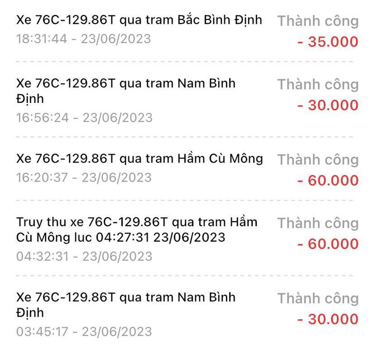 Ngày 23-6, xe 76C 129.86 qua trạm BOT Bắc Bình Định vẫn đóng mức phí 35.000 đồng cho xe loại 1 - Ảnh: L.V