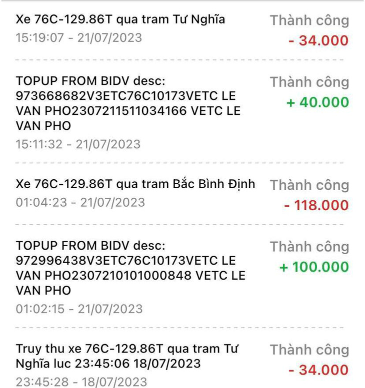 Trong ngày 21-7, trạm BOT Bắc Bình Định 2 lần thu phí 118.000 đồng đối với xe 76C 129.86, nhưng chiều 21-7 khi qua BOT Thiên Tân Quảng Ngãi, xe chỉ nộp phí 34.000 đồng - Ảnh: L.V
