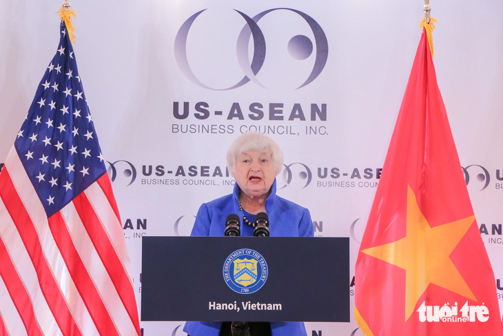 Bộ trưởng Tài chính Mỹ Janet Yellen tại cuộc gặp báo chí ngày 21-7 do Hội đồng kinh doanh Mỹ - ASEAN phối hợp tổ chức - Ảnh: DUY LINH