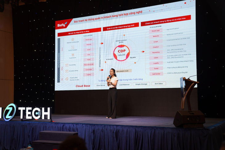 Bà Nguyễn Thùy Dung - CEO Bizfly Martech, VCCorp - trình bày về tầm quan trọng của tích hợp công nghệ trong quản trị khách hàng 4.0