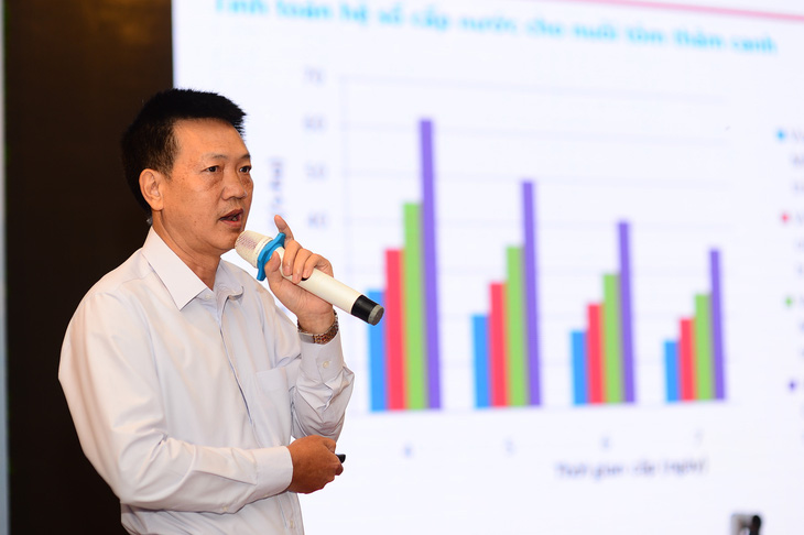 PGS.TS Nguyễn Phú Quỳnh - phó viện trưởng Viện Khoa học thủy lợi miền Nam - trình bày tham luận Hạ tầng thủy lợi không theo kịp đà tăng trưởng ngành tôm: hệ lụy và giải pháp - Ảnh: QUANG ĐỊNH