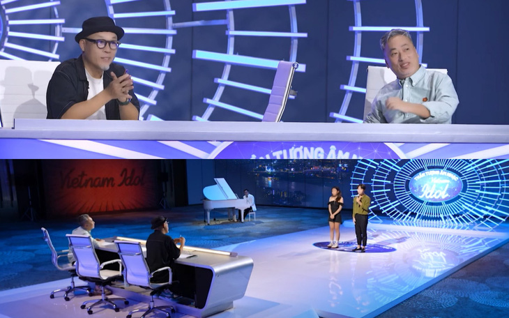Nhạc sĩ Huy Tuấn và đạo diễn Nguyễn Quang Dũng giao lưu với cặp thí sinh đặc biệt trong lúc Mỹ Tâm hội ý với ban tổ chức - Ảnh chụp màn hình