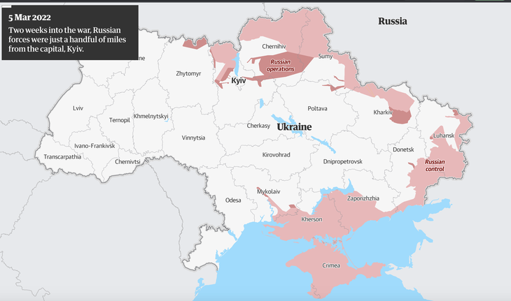 Đồ họa các khu vực Nga kiểm soát (màu hồng) trên lãnh thổ Ukraine ngày 5-3-2022. Ngoài bán đảo Crimea và các khu vực phía đông và nam Ukraine, các lực lượng Nga cũng kiểm soát Kharkov, Sumy, Chernihiv... trong những ngày đầu - Ảnh: Guardian
